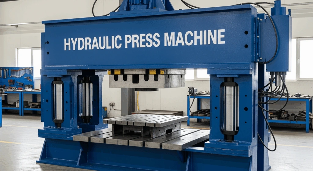 Single acting hydraulic cylinder in a hydraulic press and clamping station